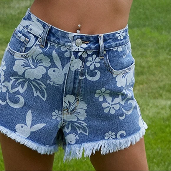 Playboy By PacSun Luau High Waisted Denim Festival Shorts - Picture 2 of 7